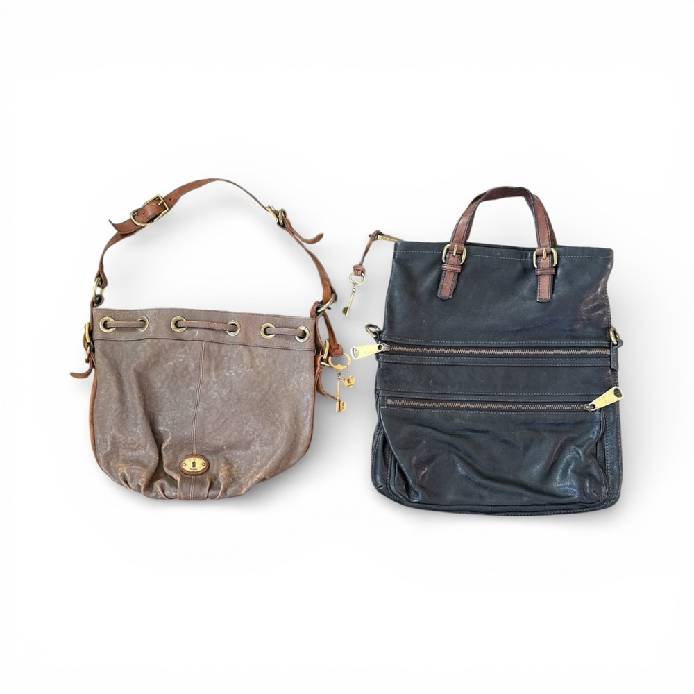2 Vintage Leather Fossil Tote bags Purses brown & Black